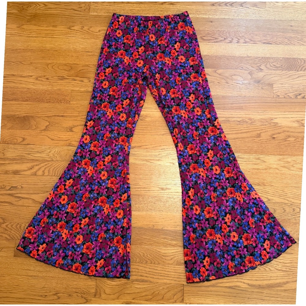 Wild Fable Floral Plisse Flare Pants Purple Orange Wide Leg High Rise Small